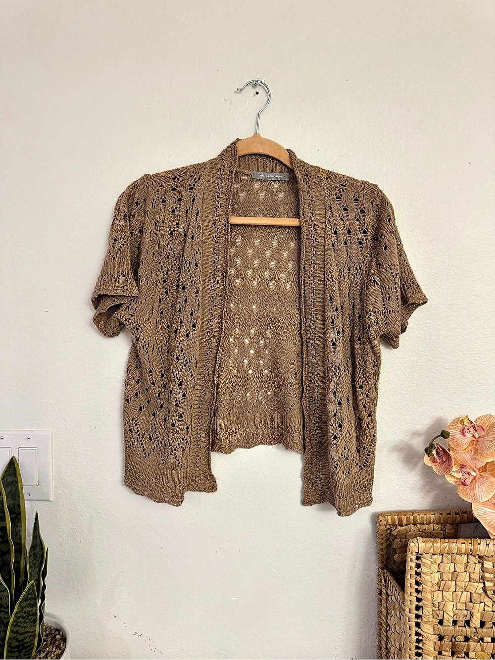 my collection Open Knit Short Sleeve Shrug in Brown